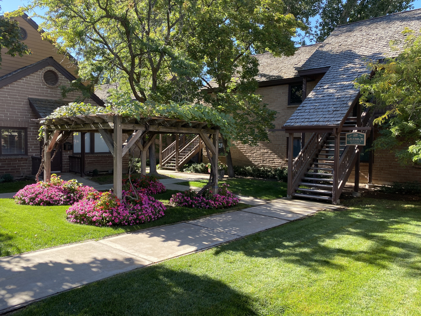 Wooden pergola with flowers and vines