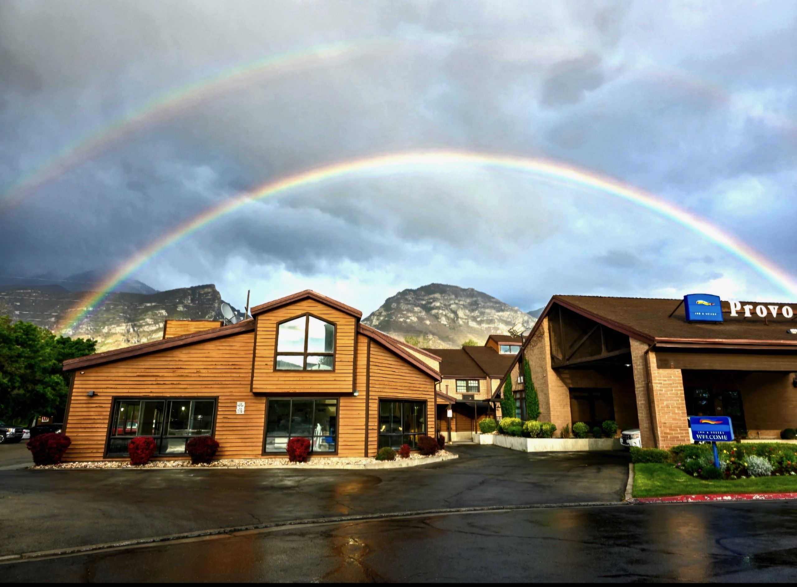 Rainbow over Cottontree Square buildings